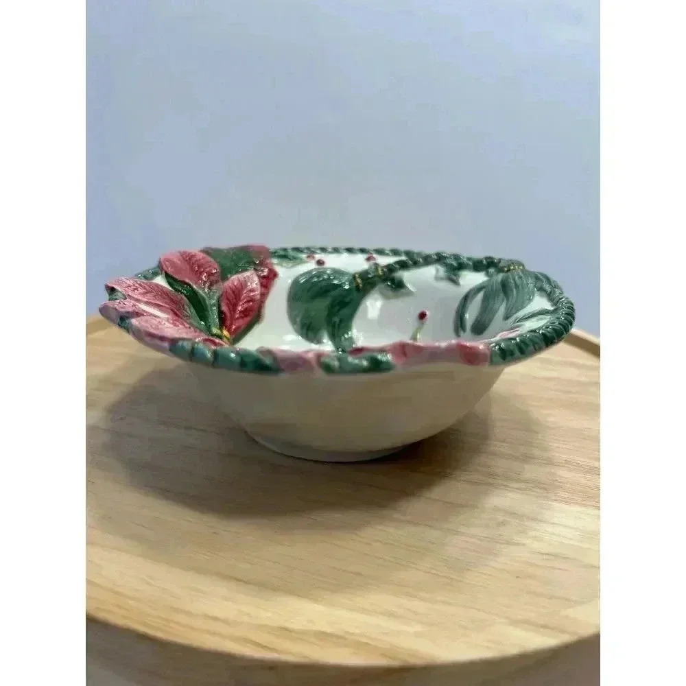 Fitz And Floyd Christmas Poinsettia Bowl Dish Candy Nuts Potpourri EUC 7" - Picture 4 of 6